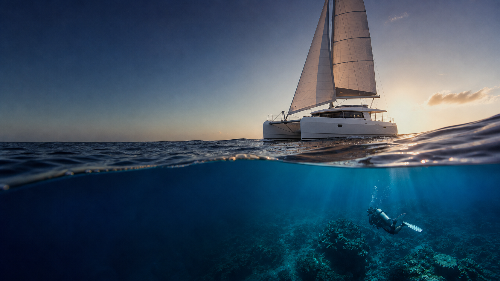 A modern cruising catamaran sailing above the ocean while a scuba diver explores the reef below